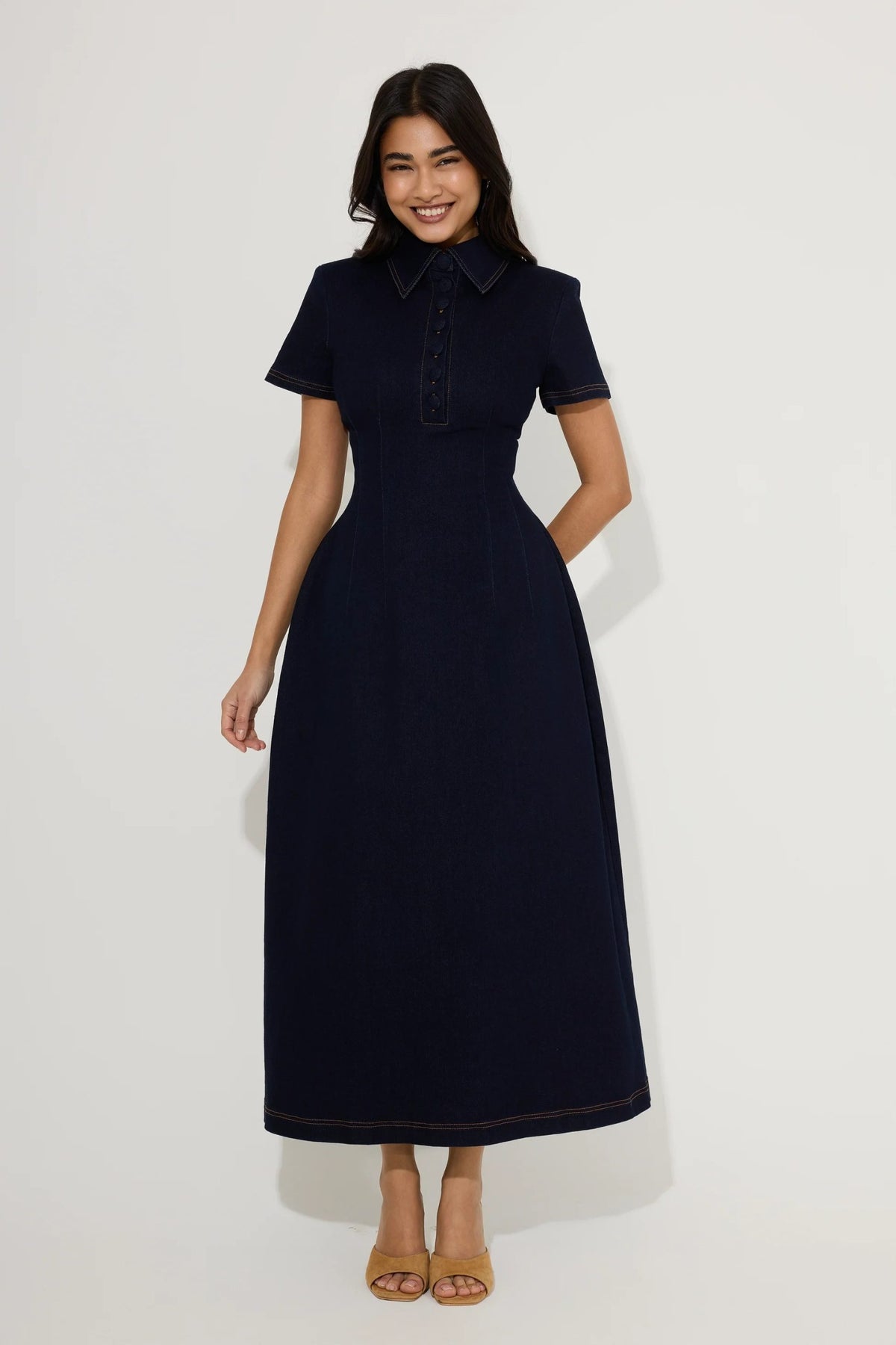 Denim Collared Midi Dress