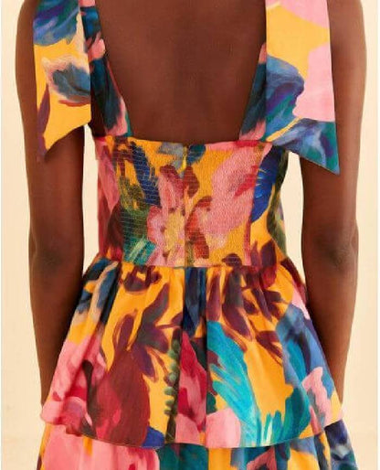 Yellow Painted Flowers Tiered Dress