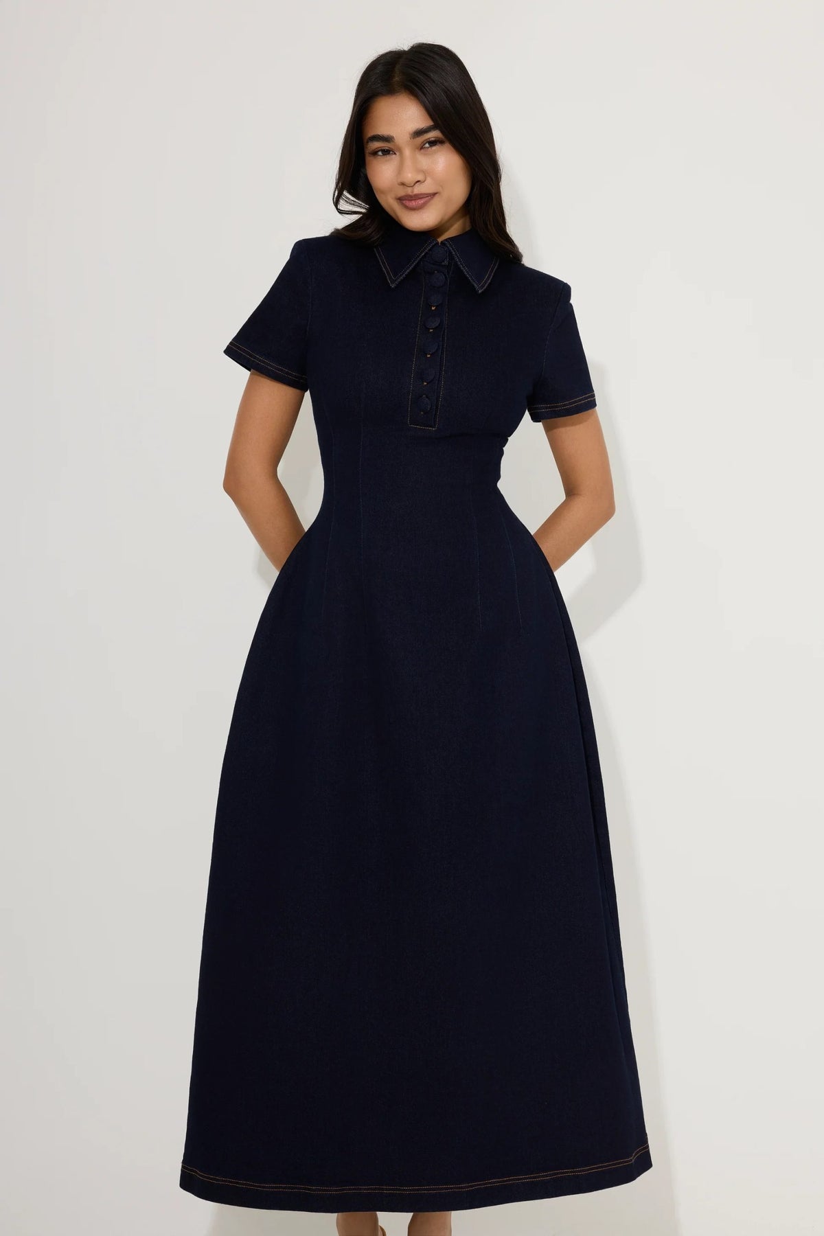 Denim Collared Midi Dress