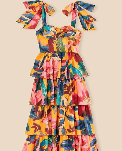 Yellow Painted Flowers Tiered Dress