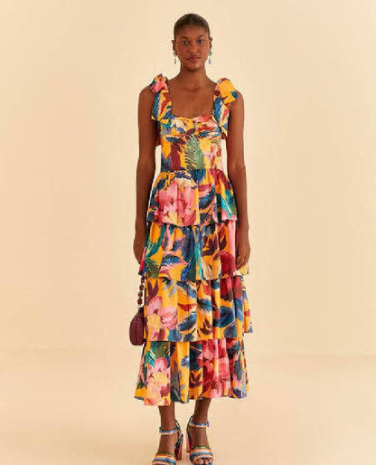 Yellow Painted Flowers Tiered Dress