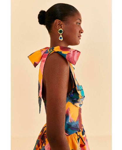 Yellow Painted Flowers Tiered Dress